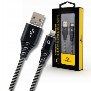 Kabel USB 2.0 do Lightning 8-pin 1m – bawełniany oplot, szybkie ładowanie 2.1A, transfer 480 Mbps, czarny