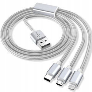 KABEL USB 3W1 DO ŁADOWANIA USB-C MICRO IPHONE LIGHTNING SREBRNY 1M
