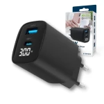 Szybka ładowarka sieciowa 30W, USB-C PD + USB QC 3.0, z wyświetlaczem LCD, czarna