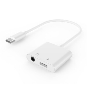 Adapter do smartfona USB-C do jack 3.5 mm + USB-C , 10 cm, biały