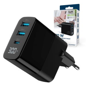 Szybka ładowarka sieciowa GaN 3x USB 30W  PD USB-C QC 3.0 LCD CZARNA