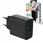 Ładowarka sieciowa 20W, USB-C Power Delivery + USB QC 3.0, szybkie ładowanie, czarna