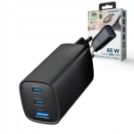 Ładowarka sieciowa USB-C 65W GaN, Power Delivery, 3x USB (2x USB-C + USB-A), szybkie ładowanie, czarna