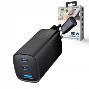Ładowarka sieciowa USB-C 65W GaN, Power Delivery, 3x USB (2x USB-C + USB-A), szybkie ładowanie, czarna