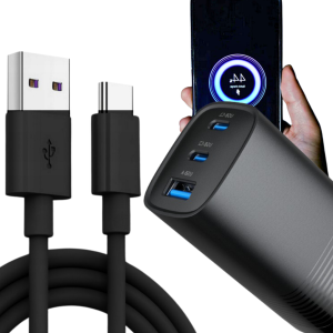 Ładowarka GaN 65W PD + kabel USB-C 1.8m – szybka ładowarka sieciowa 3x USB, QC 3.0, 65W