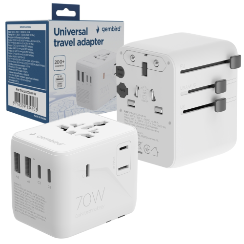 Uniwersalny ADAPTER Gniazda US UK AU CN Ładowarka GaN USB  70W Gembird