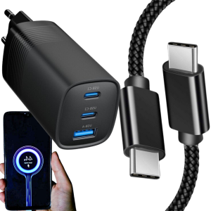 Zestaw ładowarka sieciowa GaN 65W QC 3.0 PD + kabel USB-C 60W 1,8m – szybkie ładowanie Power Delivery