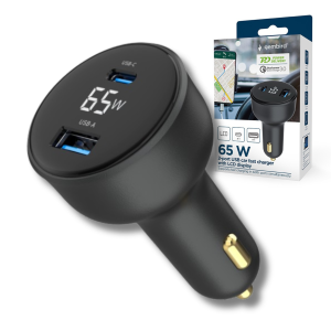 Ładowarka samochodowa 65W USB-C PD + USB-A | Szybkie ładowanie QC 3.0 wyświetlacz LCD, 12V - 24V Czarna