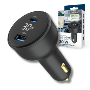 Ładowarka samochodowa 30W USB-C PD + USB-A | Wyświetlacz LCD, szybkie ładowanie QC | 12V – 24V czarna