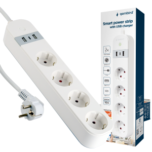 Inteligentna listwa zasilająca z ładowarką USB, 4 gniazda Schuko biała – TSL-PS-S4U-01-W 