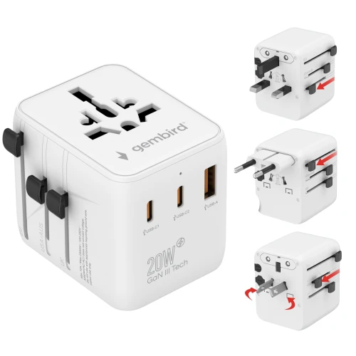 Adapter gniazda  PODRÓŻNY USA UK EU AU USB-C PD 20W GaN Ładowarka
