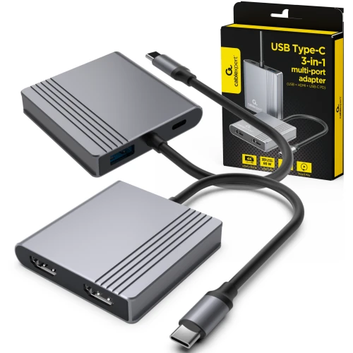 Adapter USB-C 3w1 Hub USB-C 2x HDMI 4K USB 3.2 PD 85W Szary