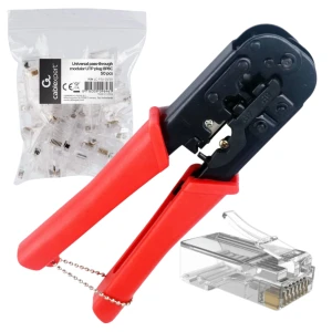 ZACISKARKA DO WTYKÓW SIECIOWYCH LAN RJ45 RJ12 RJ11 +  50 x WTYK KOŃCÓWKI WTYCZKA RJ45 8P8C UTP Z PROWADNICĄ PRZELOTOWE