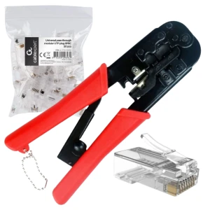 ZACISKACZ ZACISKARKA UNIWERSALNA DO WTYKÓW SIECIOWYCH LAN RJ45 RJ12 RJ11 + 50x wtyk sieciowy RJ45 8P8C UTP Z PROWADNICĄ PRZELOTOWE
