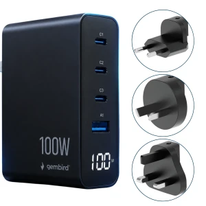 Ładowarka sieciowa GaN 100W podróżna 3x USB-C USB-A PD QC 3.0 LCD z adapterami EU UK AU