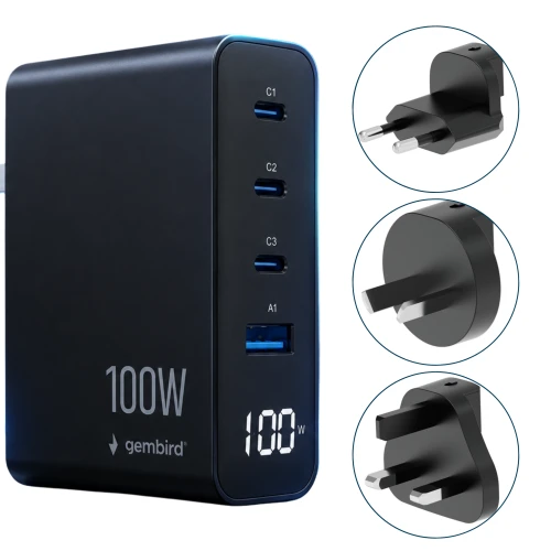 Gembird TA-UC-1A3C-PD100-01-BK szybka ładowarka GaN 100W z 3 portami USB-C, USB-A i wyświetlaczem LCD.png