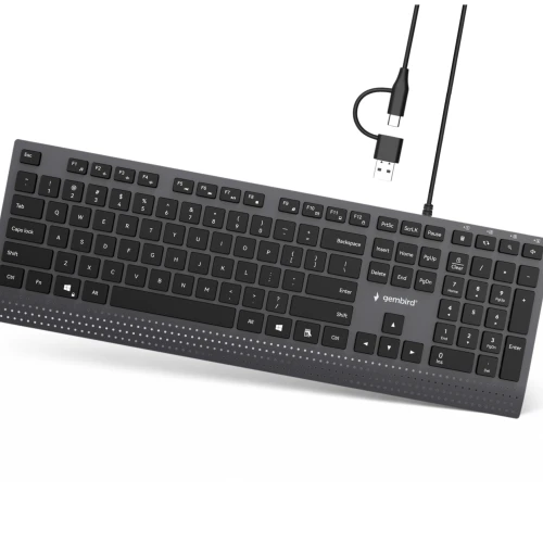 Klawiatura USB Przewodowa Slim Niski Profil USB + USB-C czarny